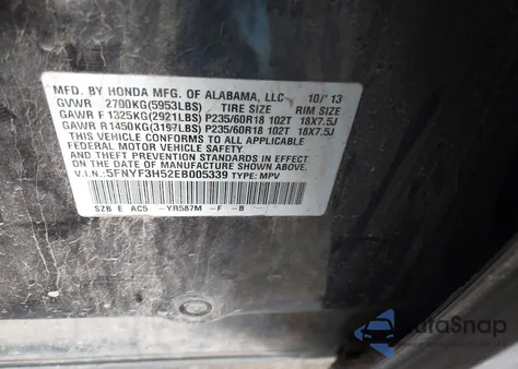 2014 Honda Pilot Ex-L z USA, uszkodzony, nr VIN 5FNYF3H52EB005339